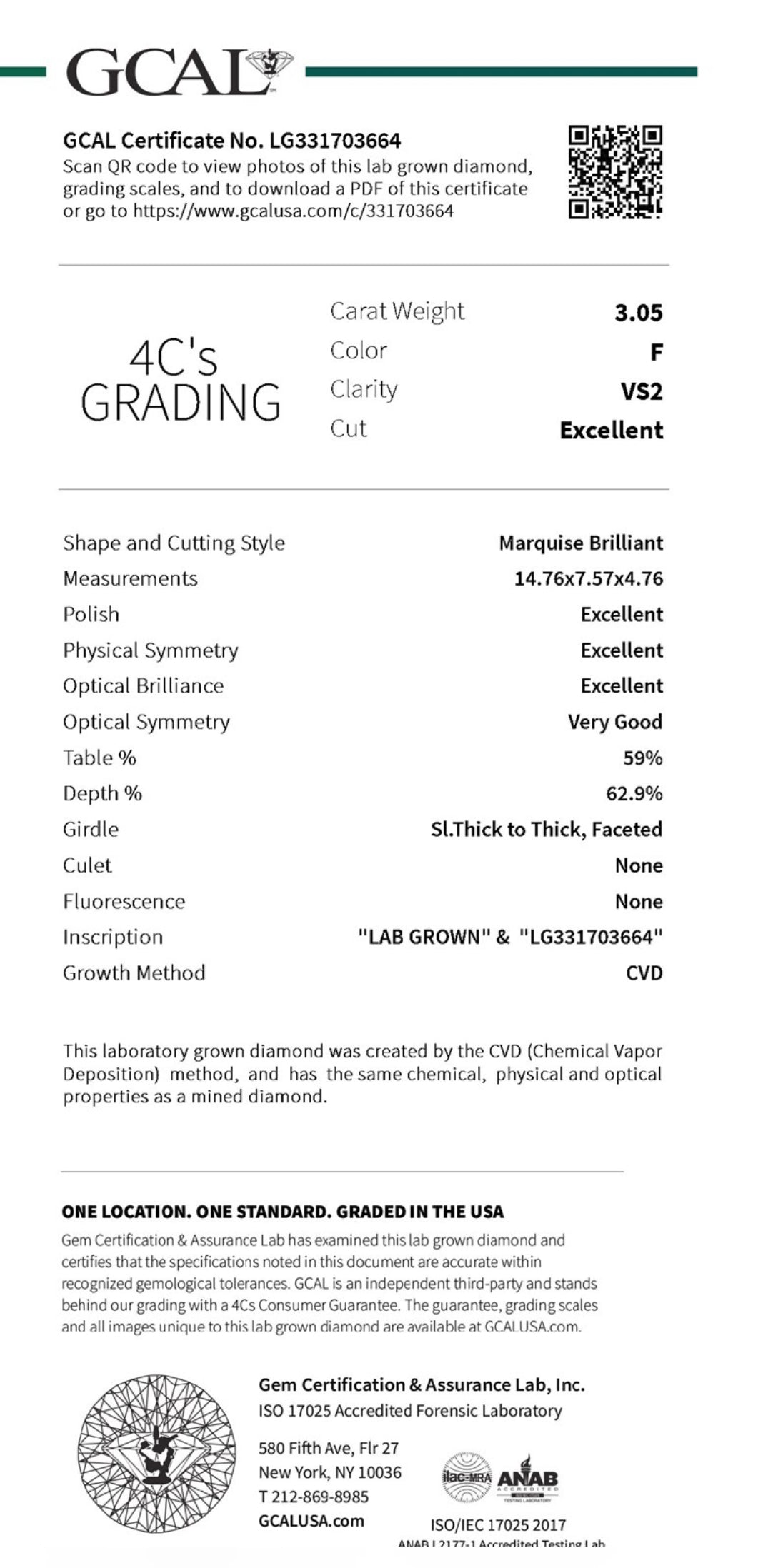 Marquise 3.05 Carat Lab Grown Diamond , Color F , Clarity VS2 , GCAL Report LG331703664