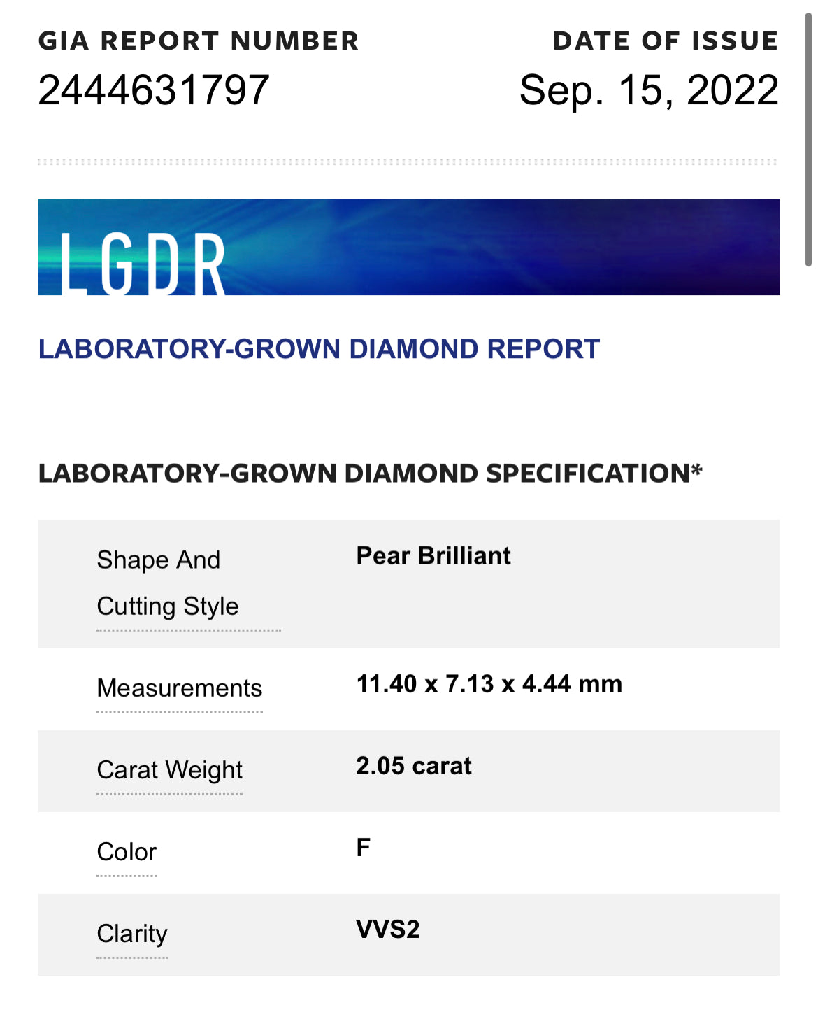PEAR 2.05 Lab Grown Diamond , Color F , Clarity VVS2 GIA Certificate 2444631797