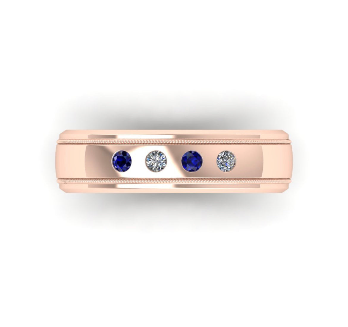 Custom 14k Rose Gold Wedding Band with Natural Blue Sapphires and Diamonds