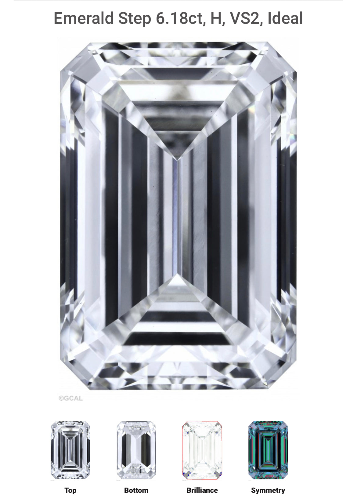 Emerald Cut 6.18 Carat Lab Grown Diamond , Color H , Clarity VS2 , GCAL Certificate LG331704893 = IDEAL + EXCELLENT