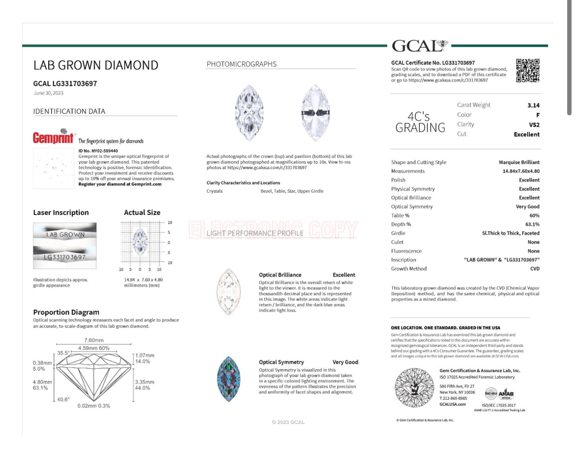 Marquise 3.14 Carat Lab Grown Diamond , Color F , Clarity VS2 , IGI Report LG331703697