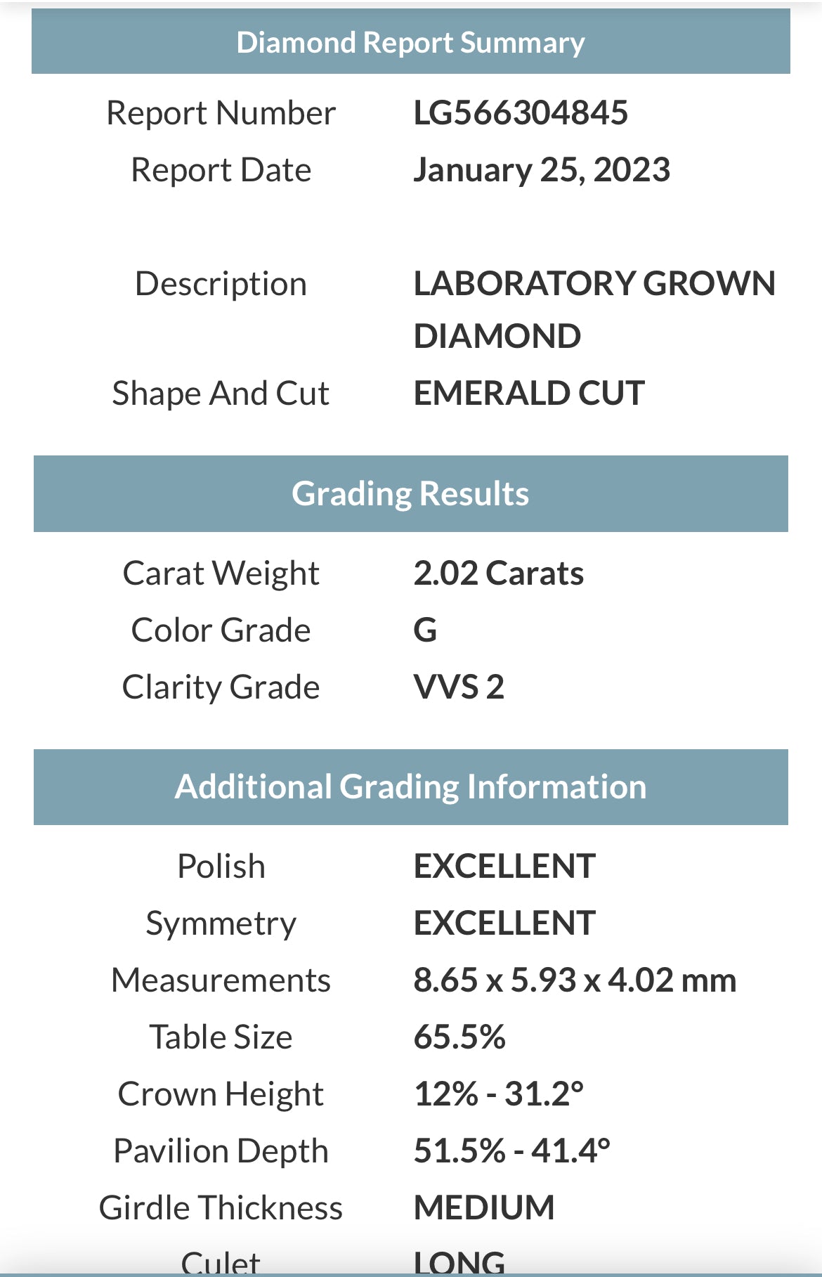 Emerald Cut 2.02 Carat Lab Grown Diamond , Color G , Clarity VVS2 , GCAL Certificate  LG566304845