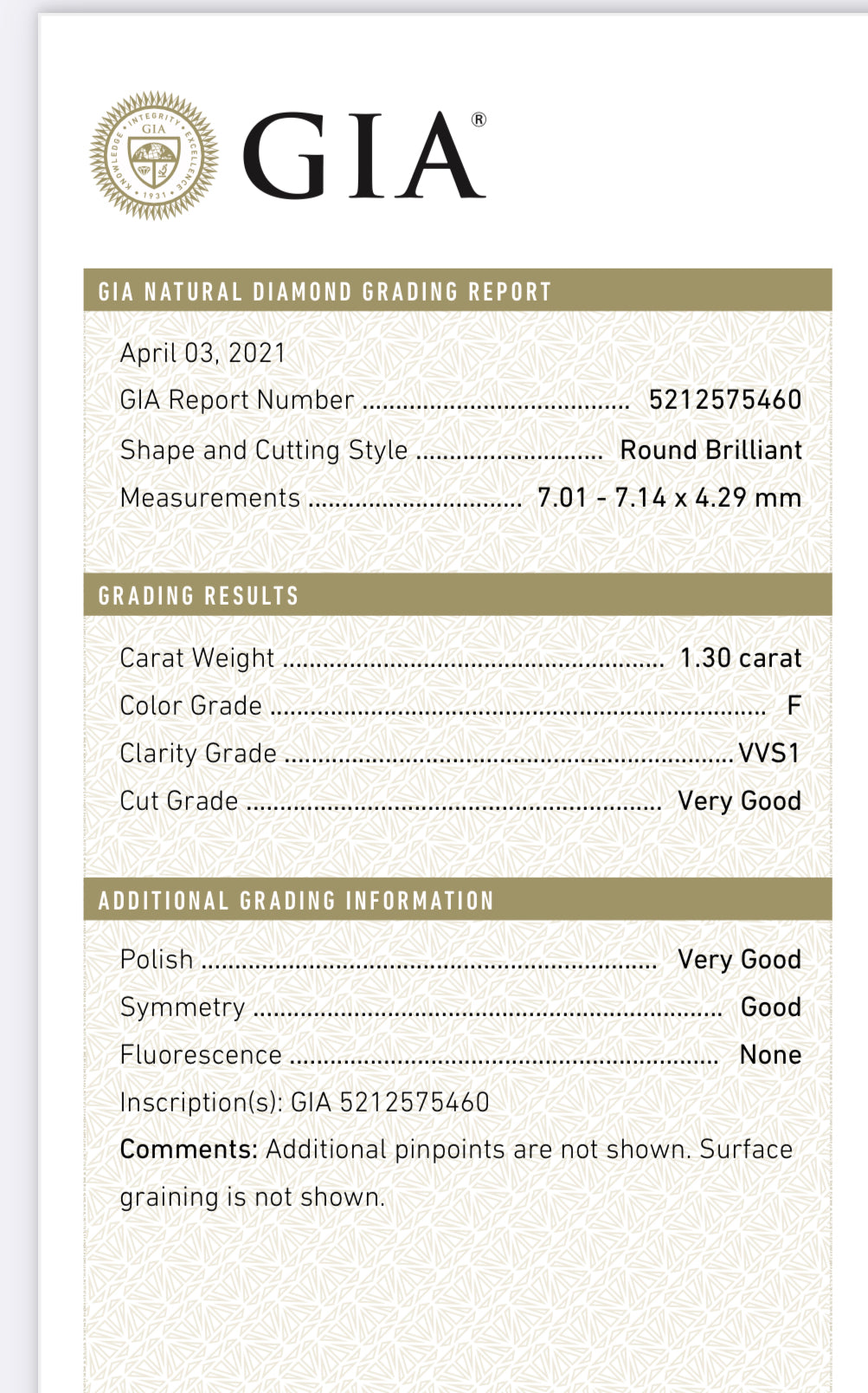 1.30 Carat Round Diamond F , VVS1 , GIA Certified 5212575460 - TRIPLE VERY GOOD