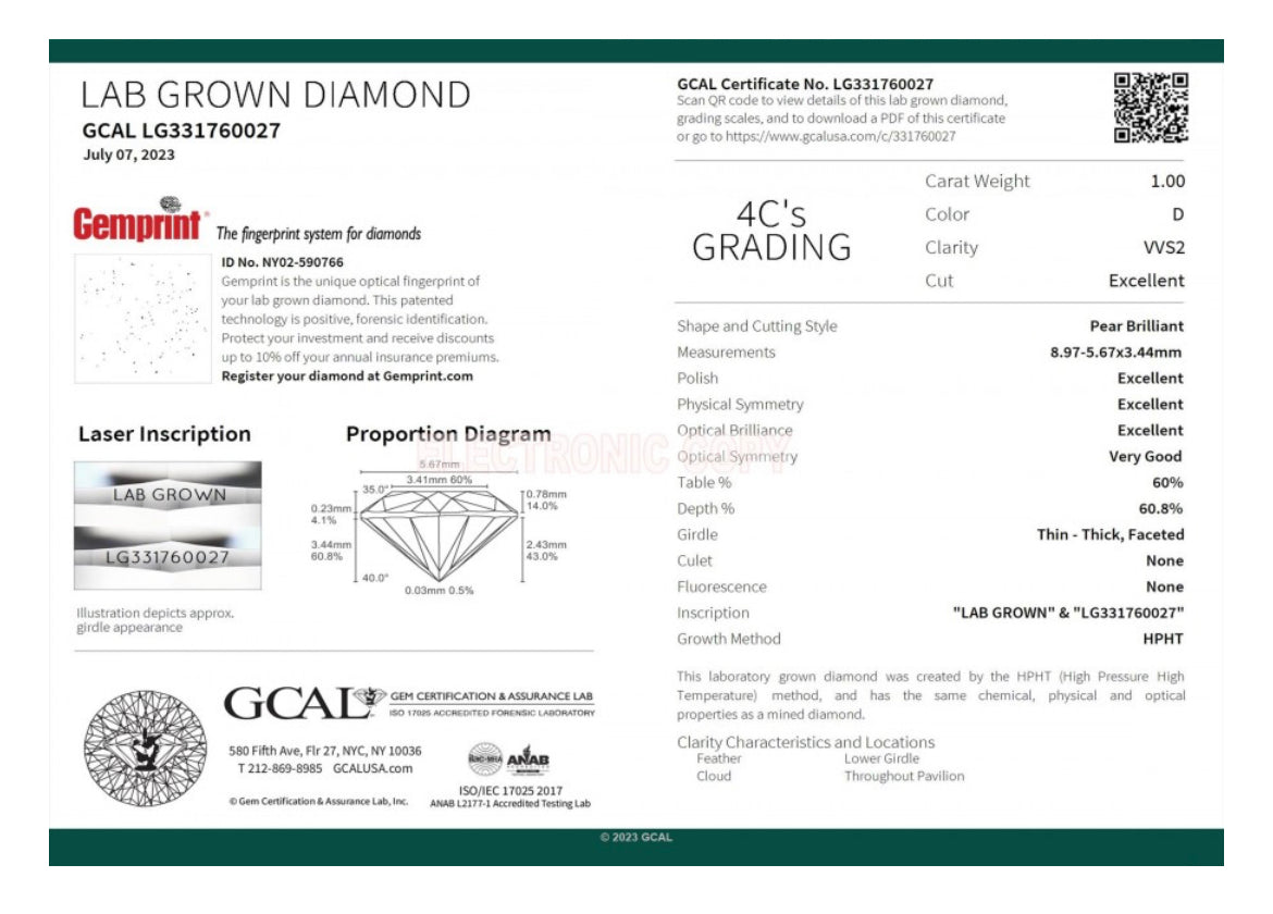 PEAR 1.00 Lab Grown Diamond , Color D , Clarity VVS2, GCAL TRIPLE EXCELLENT Certificate LG331760027