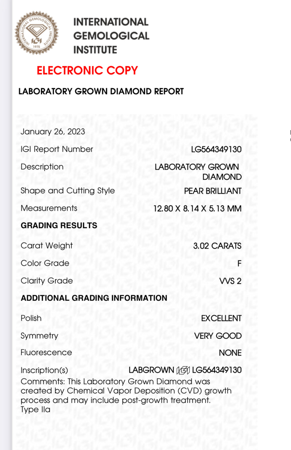PEAR 3.02 Lab Grown Diamond , Color F , Clarity VVS2, IGI Certificate LG564349130