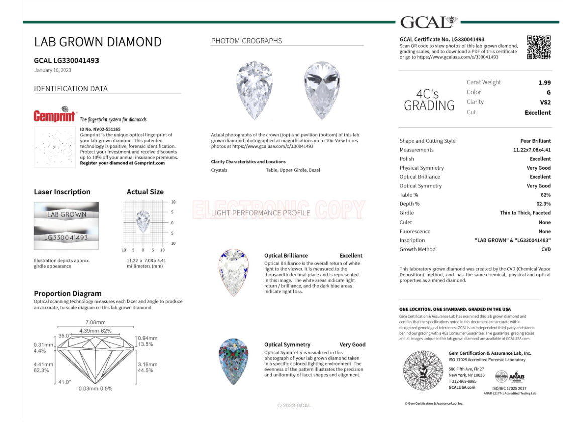 PEAR 1.99 Lab Grown Diamond , Color G , Clarity VS2,  GCAL Certificate LG330041493