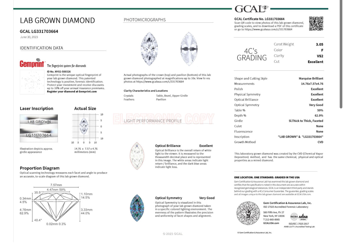 Marquise 3.05 Carat Lab Grown Diamond , Color F , Clarity VS2 , GCAL Report LG331703664