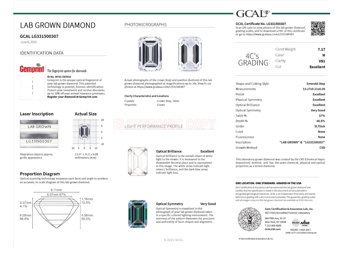 Emerald Cut 7.17 Carat Lab Grown Diamond , Color H , Clarity VS1 , GCAL Certificate LG331500307