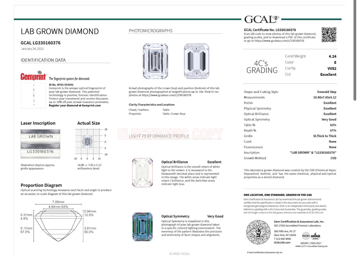 Emerald Cut 4.24 Carat Lab Grown Diamond , Color E , Clarity VVS2 , GCAL Certificate LG330160376