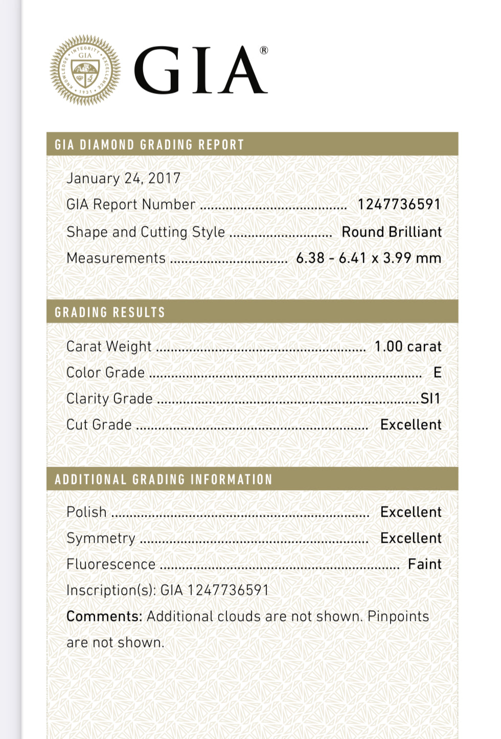 1.00 Carat Round Diamond E, SI1 , TRIPLE EXCELLENT GIA Certified 1247736591