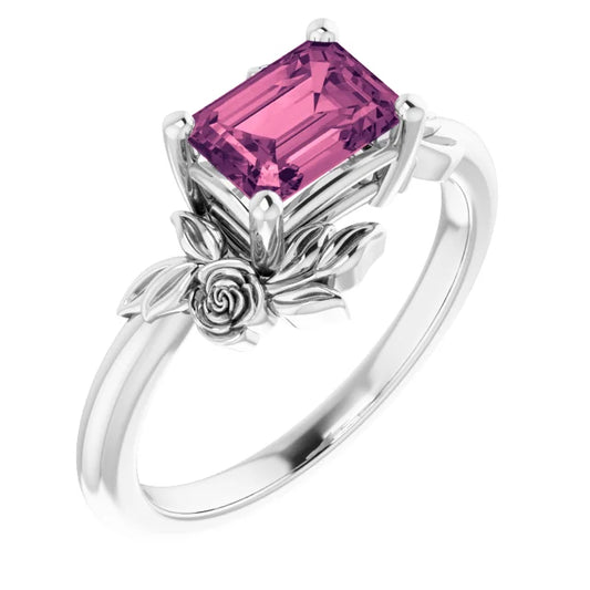 14k White gold Tourmaline Size 7 x4 mm Ring with Roses - Made to Order