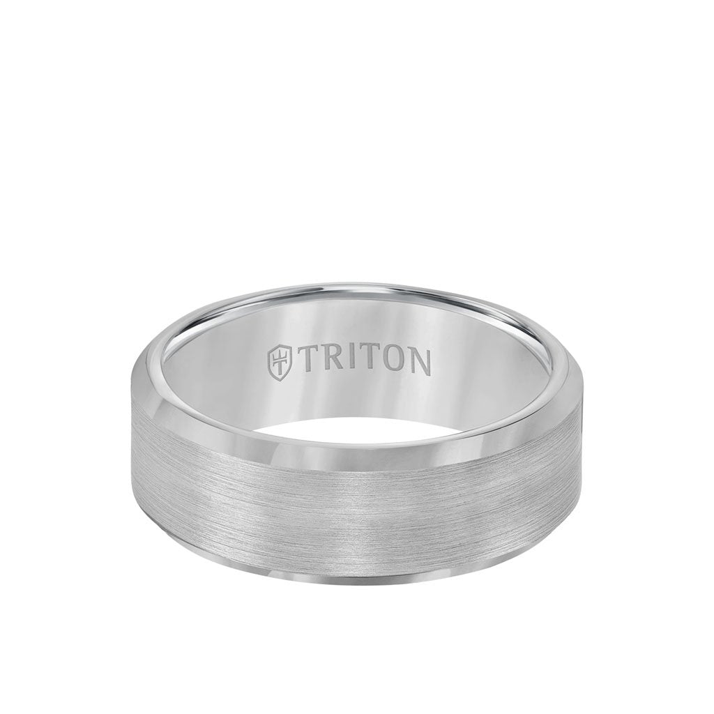 8mm Triton White Tungsten Satin Center and Beveled Edge