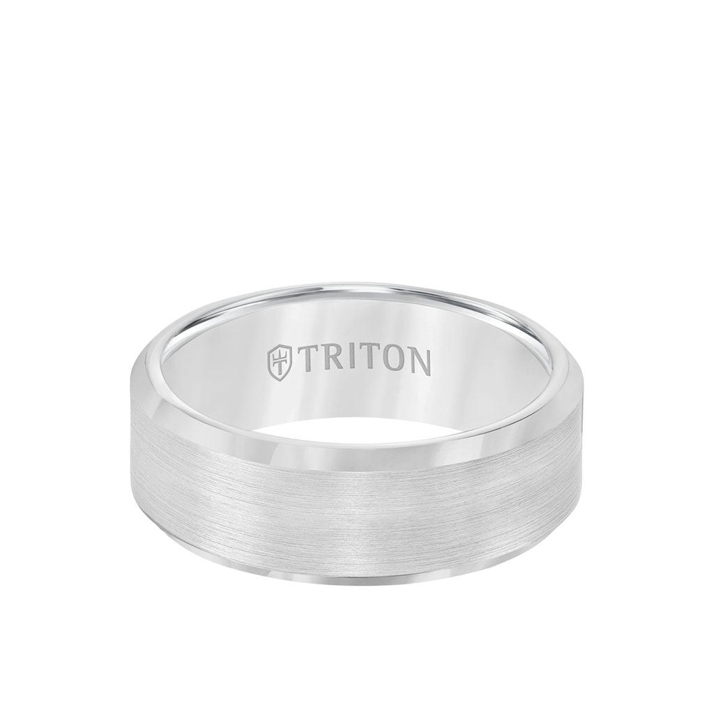 8mm Triton White Tungsten Satin Center and Beveled Edge