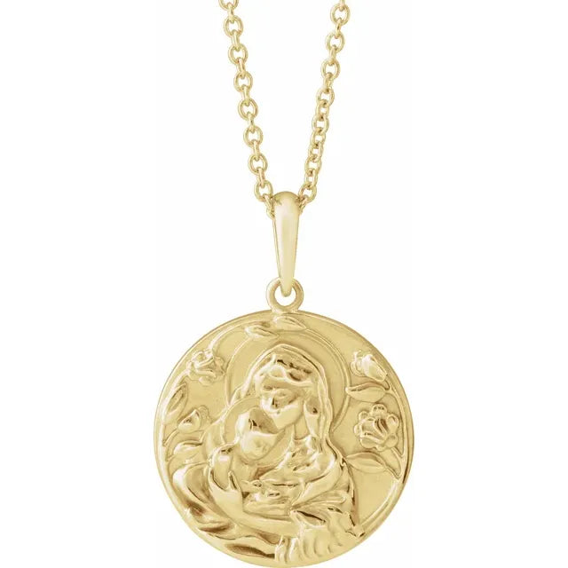 14K Yellow Gold Madonna & Child Comes with Adjustable 16-18" Necklace