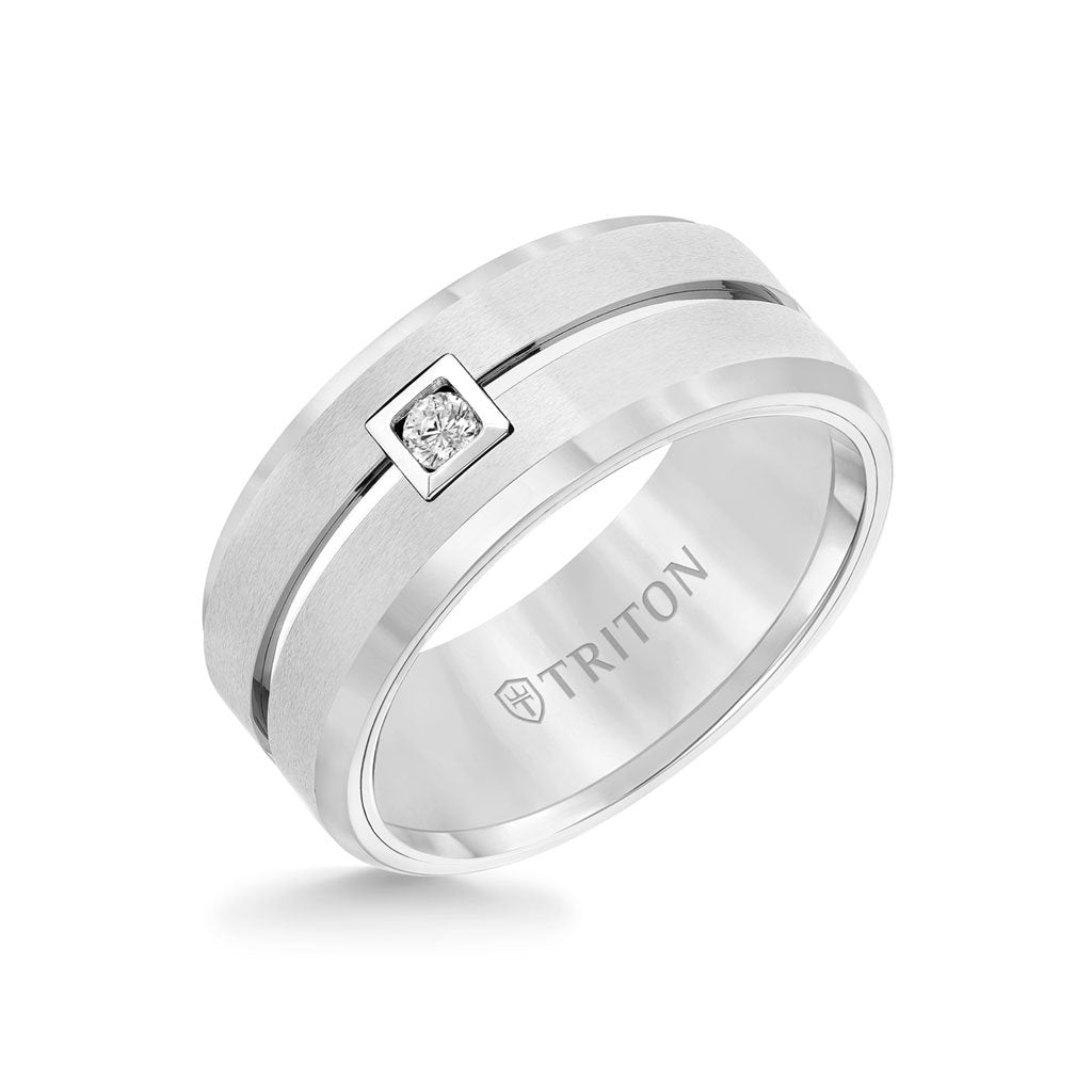 9mm Tungsten Ring with Single Diamond Brushed Center and Bevel Edge