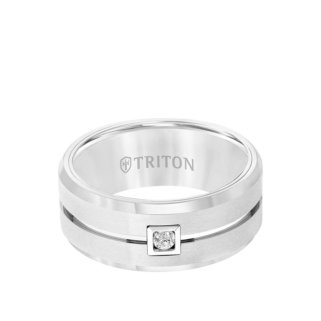 9mm Tungsten Ring with Single Diamond Brushed Center and Bevel Edge
