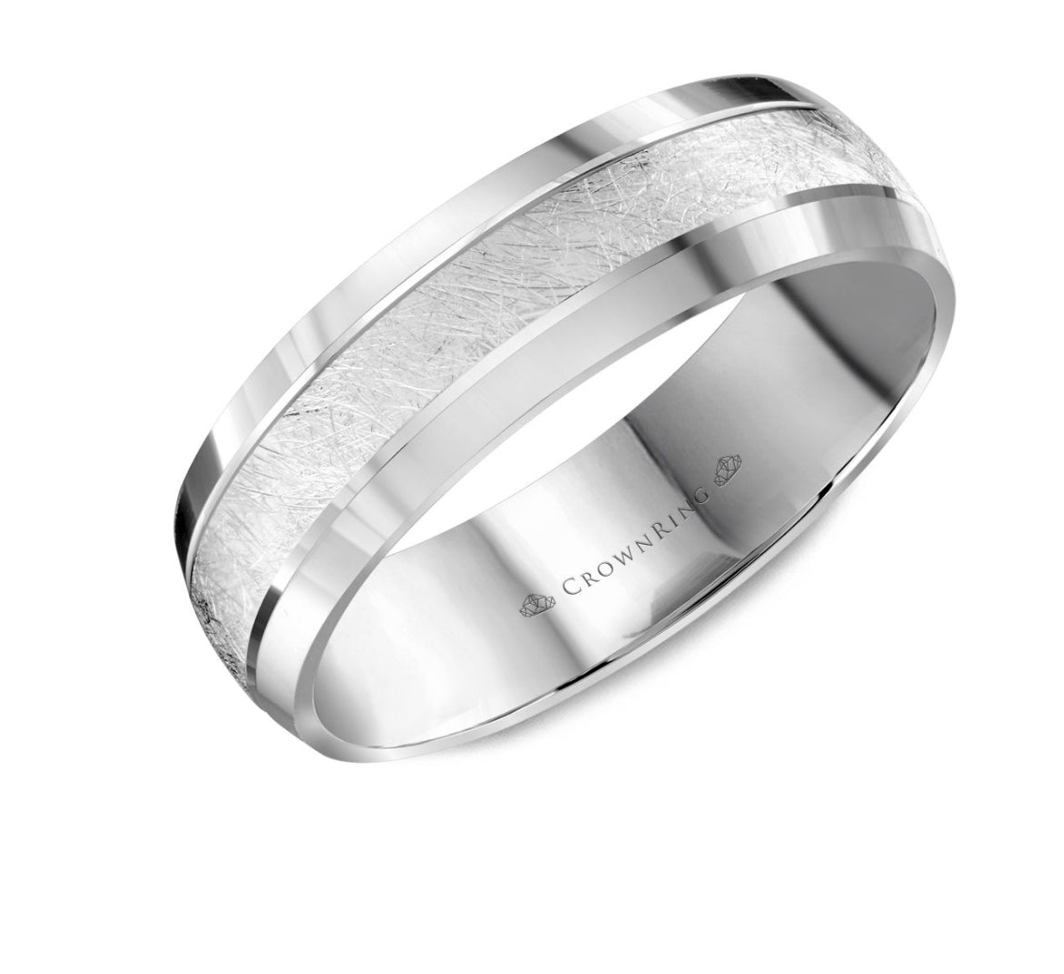 CrownRing Collection - 14k White Gold Diamond Brushed Band with Beveled Edge