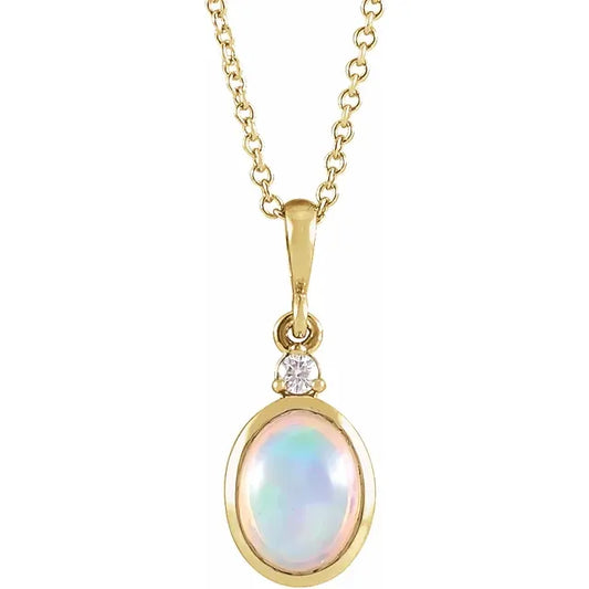 14K Yellow Gold Natural White Ethiopian Opal & .015 CT Natural Diamond, with 16-18" Necklace