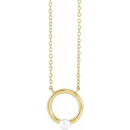 Tiny 14K Yellow Cultured Seed Pearl Circle Pendant, Comes with 18" Necklace