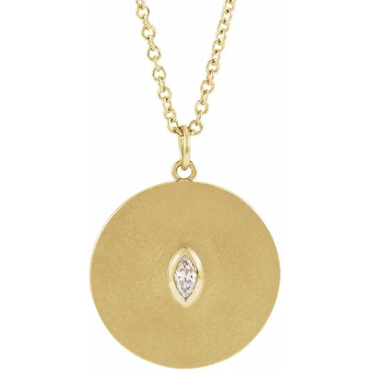 14K Yellow .08 CT Marquee Diamond Disc Pendant, comes with Adjustable chain