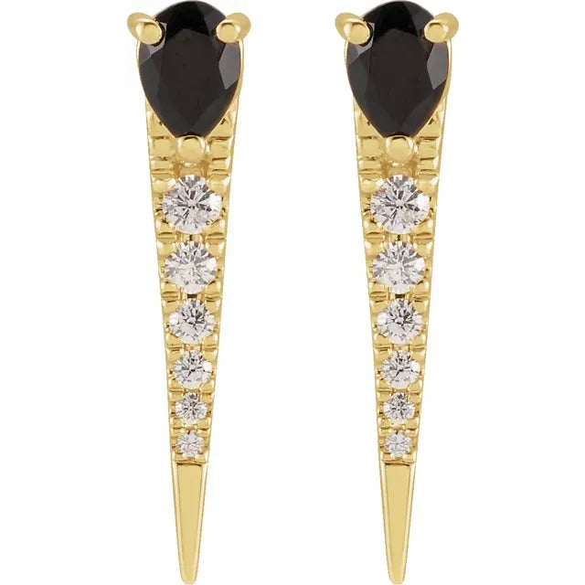Small 14K Yellow Gold Natural Black Onyx with 1/8 CTW Natural Diamond Spike Earrings