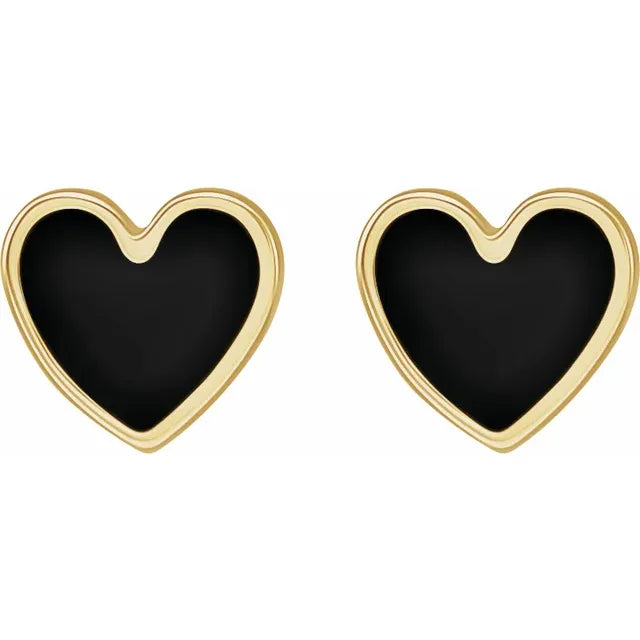 14K White Gold Black Enamel Heart Earrings