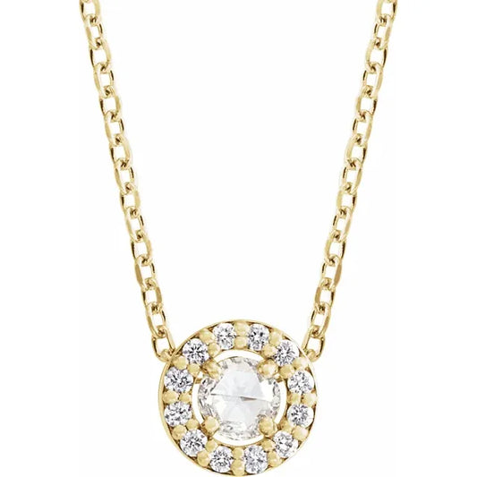 14K Yellow 1/8 CTW Rose-Cut Natural Diamond Halo-Style, comes with adjustable 16-18" Necklace