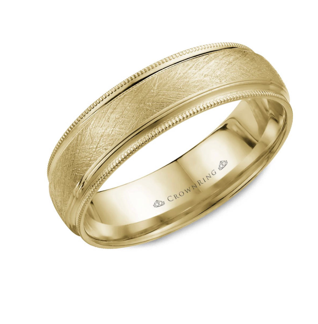 CrownRing Collection - 14k Yellow Gold 6mm with textured Center and Milgrain Edge.