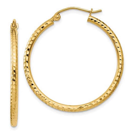 14k Yellow Gold Diamond Cut Design 2mm Round Tube Hoop Earrings