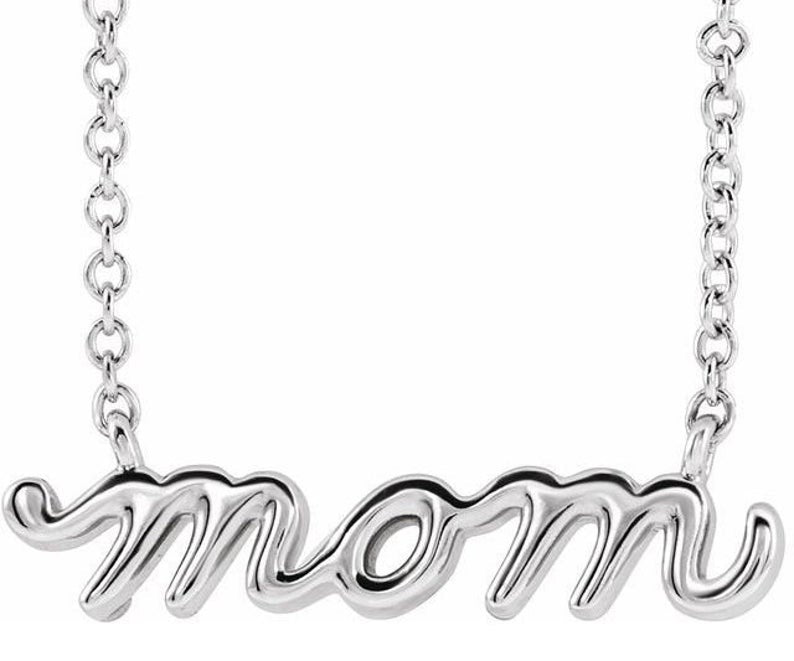 Petite 14k White Gold "Mom" Pendant in Script, comes with 14k Gold Necklace