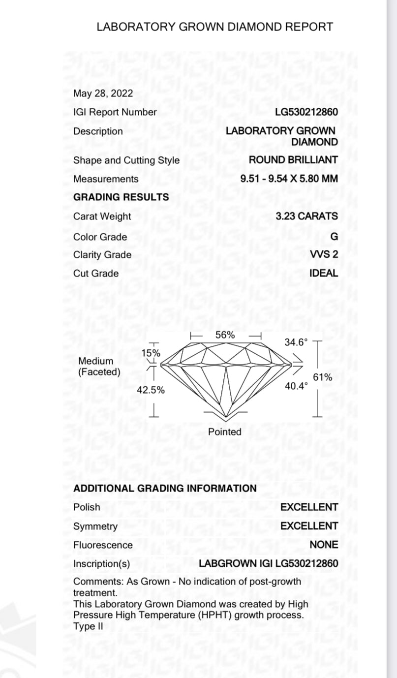 SOLD = ROUND 3.23 Carat Round Lab Grown Diamond, IGI , Color G , Clarity VS2 , IDEAL + EXCELLENT Available For Purchase call 619-234-1423