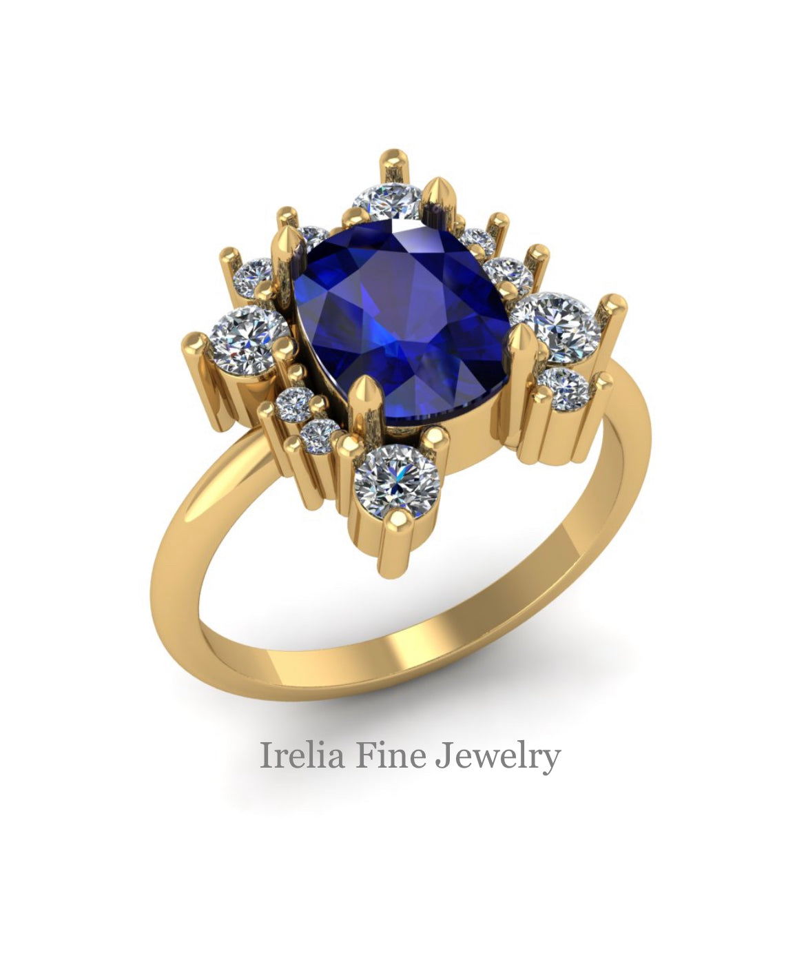Custom14k Yellow Gold 3 Carat Sapphire Ring & Cluster Diamonds Ring