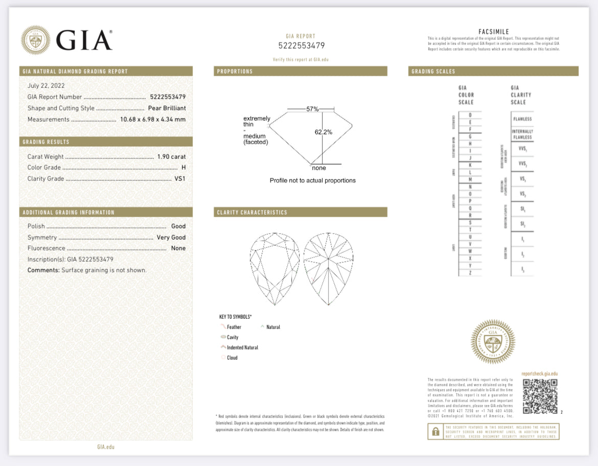 1.90 Carat Pear Shape  Diamond H , VS1 , GIA Certified 5222553479 // Available For Purchase call 619-234-1423