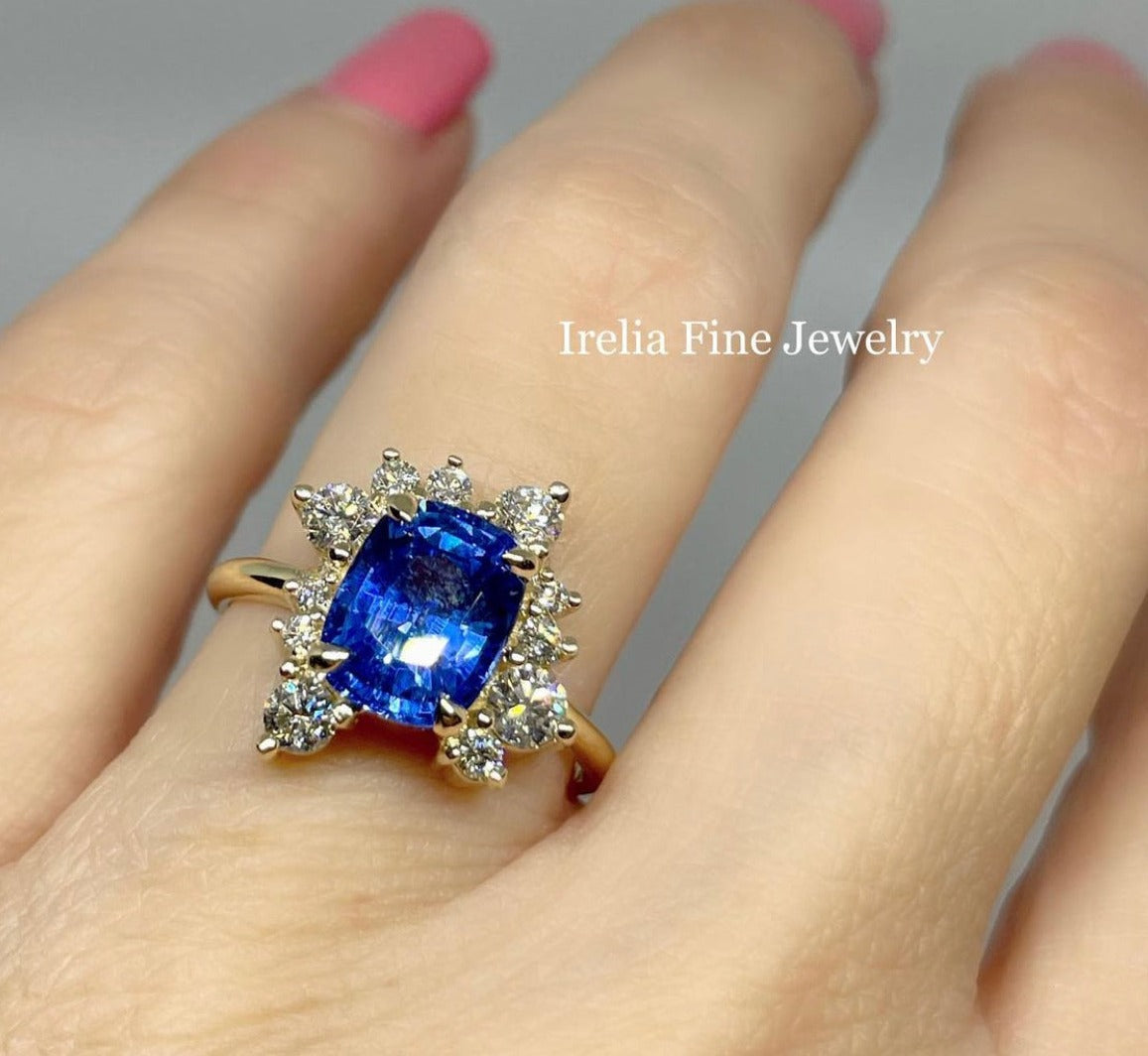Custom14k Yellow Gold 3 Carat Sapphire Ring & Cluster Diamonds Ring