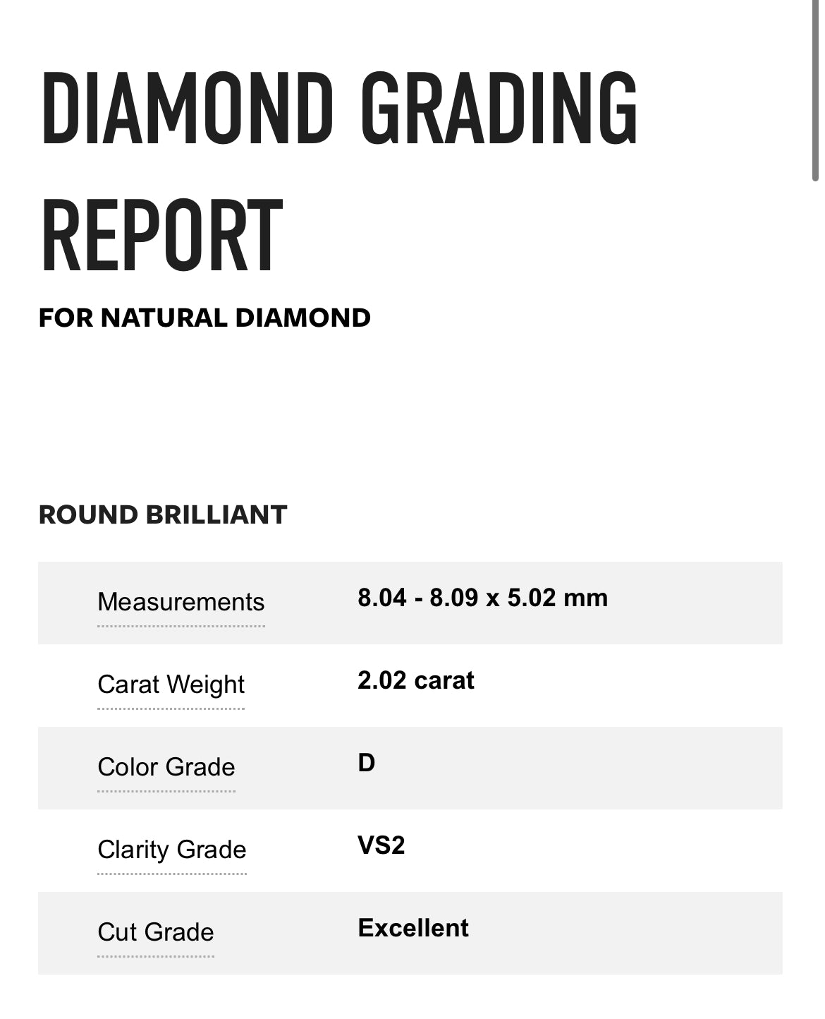 2.02 Carat Round Diamond D , VS2 , GIA Certified 2151326625 TRIPLE EXCELLENT