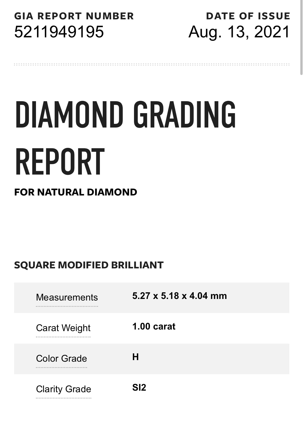 1.00 Carat Princess Cut Diamond H , SI2 , GIA Certified 5211949195