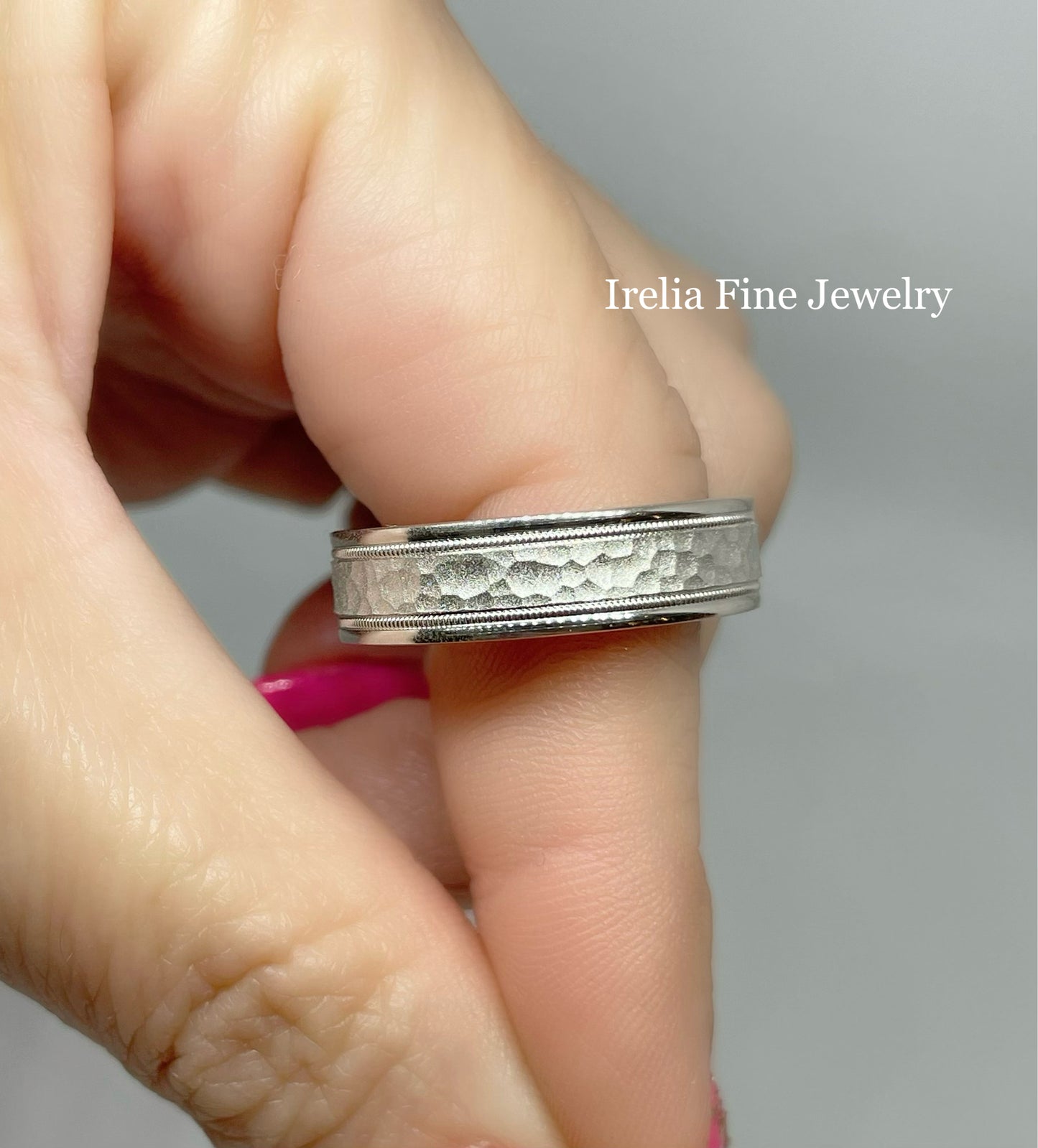 CrownRing Collection - 18k White Gold 6 Hammered Finish With Migraine Detailing
