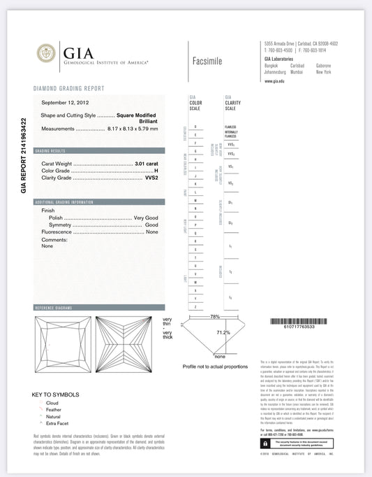 3.01 Carat Princess Cut Diamond H , VVS2 , GIA Certified 2141963422  // Available For Purchase