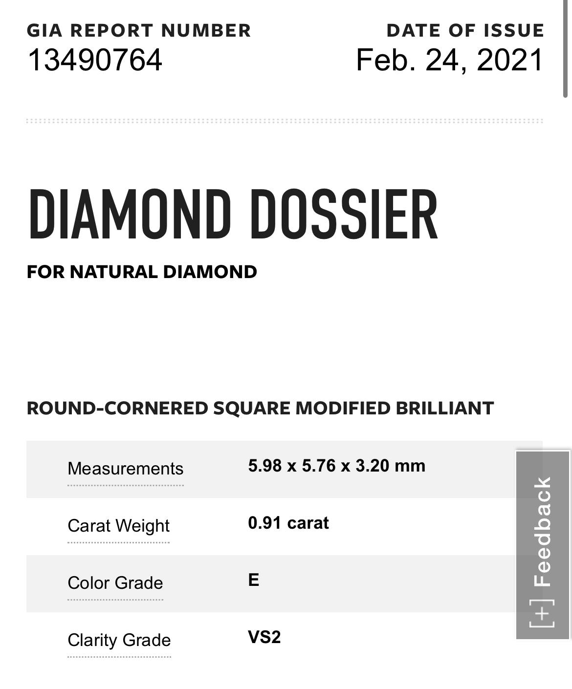 .91 Carat Cushion Cut Diamond E , VS2 , GIA Certified  13490764