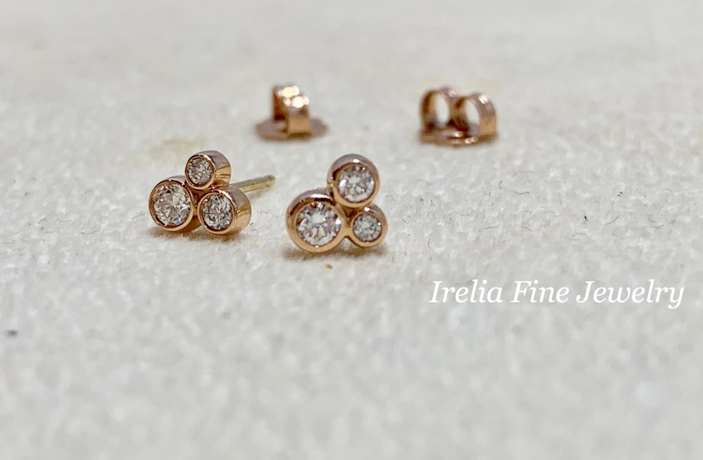 3 Diamond Cluster Stud Earring , Small Diamond Cluster Earrings , Round Diamond , Irelia Fine Jewelry 