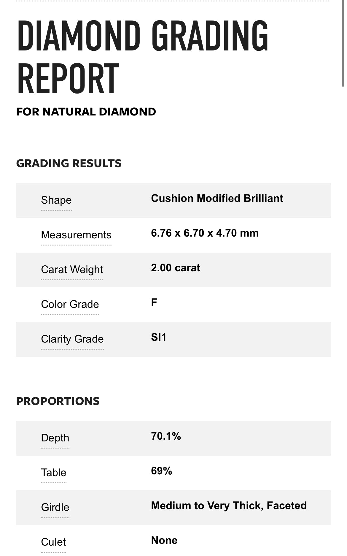 2.00 Carat Cushion Cut Diamond , Color F , Clarity SI1  GIA Diamond Report 2207040751
